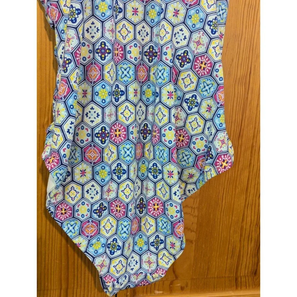 Bal Barbour Womens Swimsuit 14‎ One Piece V Neck, Blue & White Geometric - Picture 9 of 16